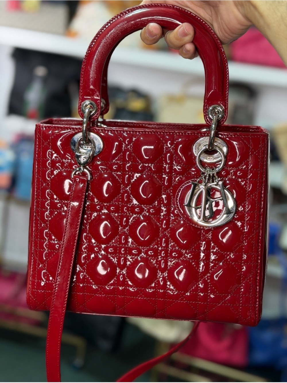 Dior Red Patent Lady Dior Satchel with Silver Hardware